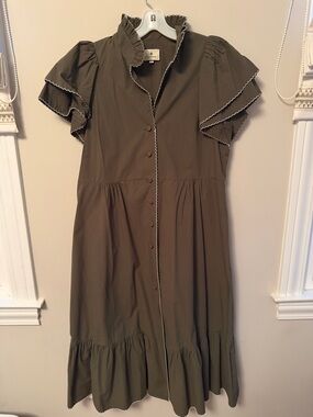 Tuckernuck Olive Ruffle-Trim Midi Dress - Unbranded